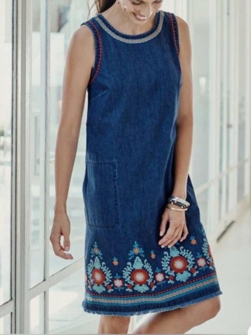 J Jill Malibu Embroidered Sleeveless Sheath Denim Midi Dress Like-New Small
